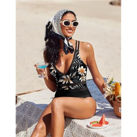 Women One Piece Swimsuit Sexy V Neck Bathing Suits - Picture 3 of 6